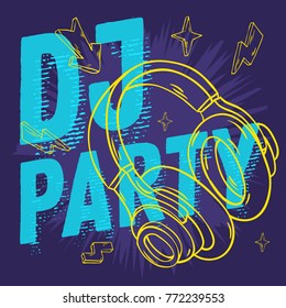 Dj Party  Design For Your Poster With Headphones Drawing. Artistic Cartoon Hand Drawn Sketchy Line Art Style. Vector Graphic.