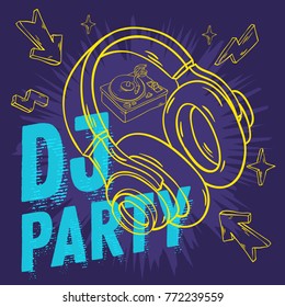 Dj Party  Design For Your Poster With Headphones And Turntable Drawing. Artistic Cartoon Hand Drawn Sketchy Line Art Style. Vector Graphic.