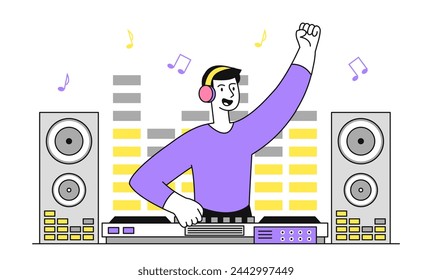 DJ at party doodle. Man in headphones with musical equipment with speakers. Young guy with audio at party in nightclub. Simple flat vector illustration isolated on white background