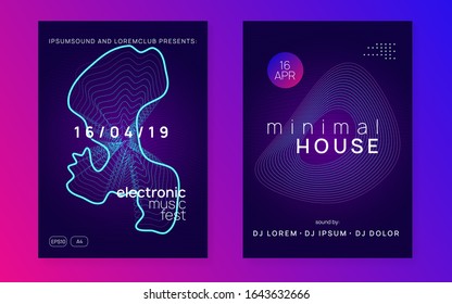 Dj party. Dynamic fluid shape and line. Wavy discotheque cover set. Neon dj party flyer. Electro dance music. Techno trance. Electronic sound event. Club fest poster.