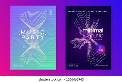 Dj party. Dynamic fluid shape and line. Modern concert brochure set. Neon dj party flyer. Electro dance music. Techno trance. Electronic sound event. Club fest poster.