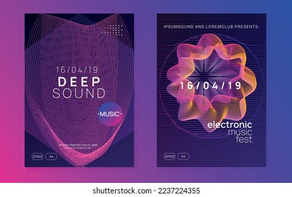 Dj party. Dynamic fluid shape and line. Futuristic concert cover set. Neon dj party flyer. Electro dance music. Techno trance. Electronic sound event. Club fest poster.