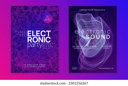 Dj party. Dynamic fluid shape and line. Wavy concert invitation set. Neon dj party flyer. Electro dance music. Techno trance. Electronic sound event. Club fest poster.