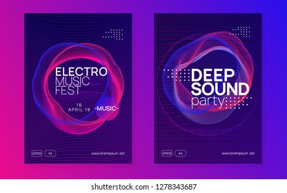 Dj party. Dynamic gradient shape and line. Bright discotheque cover set. Neon dj party flyer. Electro dance music. Techno trance. Electronic sound event. Club fest poster.