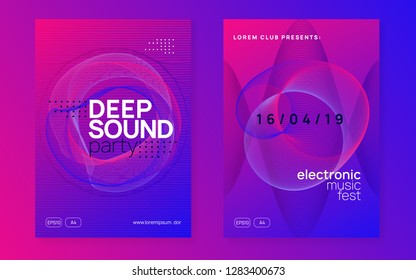 Dj party. Dynamic gradient shape and line. Minimal discotheque invitation set. Neon dj party flyer. Electro dance music. Techno trance. Electronic sound event. Club fest poster.