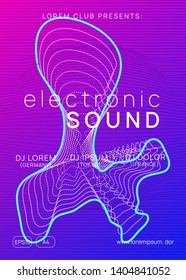 Dj party. Dynamic gradient shape and line. Modern concert banner layout. Neon dj party flyer. Electro dance music. Techno trance. Electronic sound event. Club fest poster.