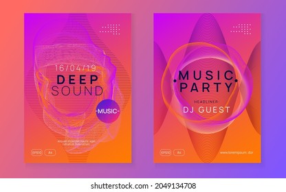 Dj party. Dynamic gradient shape and line. Curvy discotheque invitation set. Neon dj party flyer. Electro dance music. Techno trance. Electronic sound event. Club fest poster.