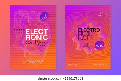 Dj party. Dynamic gradient shape and line. Digital concert cover set. Neon dj party flyer. Electro dance music. Techno trance. Electronic sound event. Club fest poster.