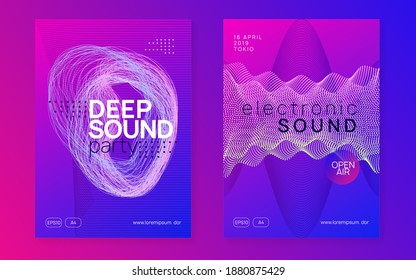 Dj party. Futuristic show brochure set. Dynamic fluid shape and line. Neon dj party flyer. Electro dance music. Techno trance. Electronic sound event. Club fest poster.