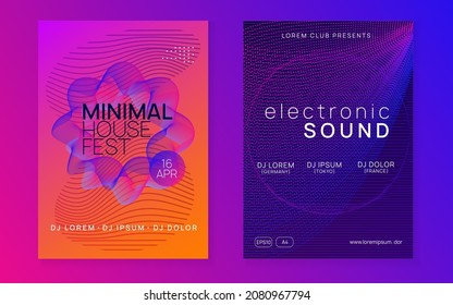 Dj party. Futuristic show invitation set. Dynamic fluid shape and line. Neon dj party flyer. Electro dance music. Techno trance. Electronic sound event. Club fest poster.