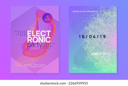 Dj party. Geometric concert invitation set. Dynamic fluid shape and line. Neon dj party flyer. Electro dance music. Techno trance. Electronic sound event. Club fest poster.