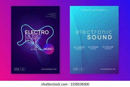 Dj party. Geometric discotheque cover set. Dynamic fluid shape and line. Neon dj party flyer. Electro dance music. Techno trance. Electronic sound event. Club fest poster.
