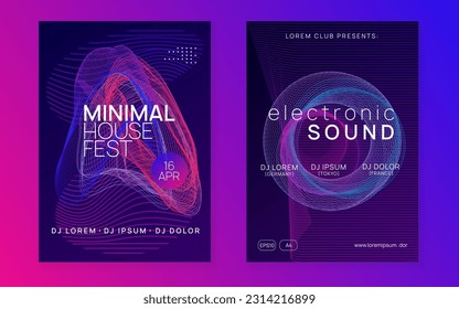 Dj party. Geometric discotheque magazine set. Dynamic fluid shape and line. Neon dj party flyer. Electro dance music. Techno trance. Electronic sound event. Club fest poster.