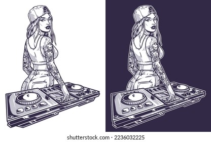 DJ party girl monochrome sticker mixing console and girl with tattoo on arm in tank top and cap vector illustration