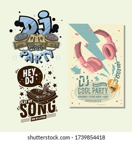 Dj Party  Hand Lettering  Vector Illustrations Set Designs.