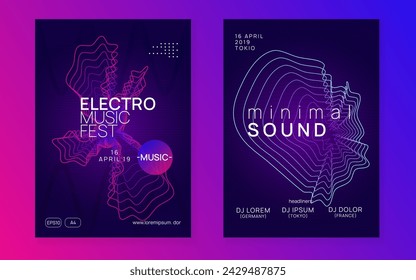 Dj party. Modern show cover set. Dynamic fluid shape and line. Neon dj party flyer. Electro dance music. Techno trance. Electronic sound event. Club fest poster.