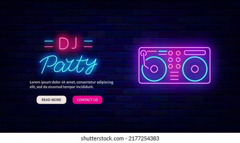 Dj party music neon promotion flyer. Music equipment. Night club event label. Landing page template. Outer glowing effect. Editable stroke. Vector stock illustration