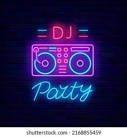 Dj party music neon signboard. Music equipment. Night club event label. Outer glowing effect. Editable stroke. Vector stock illustration