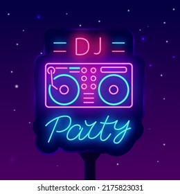 Dj party music neon signboard. Light street billboard. Music equipment. Night club event label. Outer glowing effect. Vector stock illustration