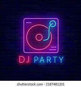 Dj party music neon signboard on brick wall. Light banner. Music equipment. Shiny greeting card. Night club event label. Outer glowing effect emblem. Vector stock illustration