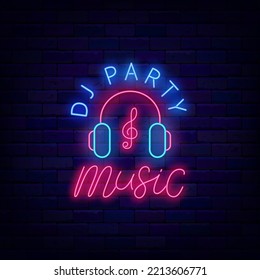 Dj party music neon signboard on brick wall. Headphones with treble clef. Shiny advertising. Dance show logotype. Light greeting card. Label for event. Vector stock illustration