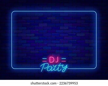 DJ party neon advertising. Night club event advertising. Music bar and disco. Shiny lettering with blue frame. Simple banner. Copy space. Bright flyer. Glowing poster. Vector stock illustration