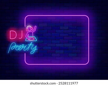 Dj party neon advertising. Nightclub banner. Dance event invitation. Empty purple frame and typography. Copy space. Editing text. Vector stock illustration