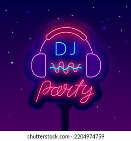 Dj party neon billboard. Light street advertising. Headphones with sound waves. Luminous banner. Glowing advertising. Karaoke and dance show. Light greeting card. Vector stock illustration