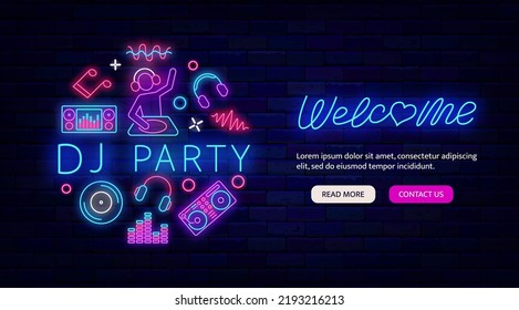 DJ party neon flyer promotion. Website landing page template. Glowing greeting card. Circle layout with music icons. Light advertising. Vector stock illustration