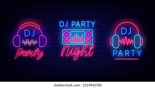 Dj party neon labels boards collection. Shiny advertisings. Music dj console and headphone. Simple light banners set. Night club event sign. Editable stroke. Vector stock illustration