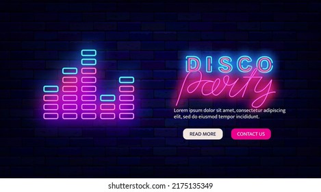 Dj party neon promotion template. Website landing page. Music equalizer. Sound waves. Night club event promotion. Outer glowing effect poster. Vector stock illustration