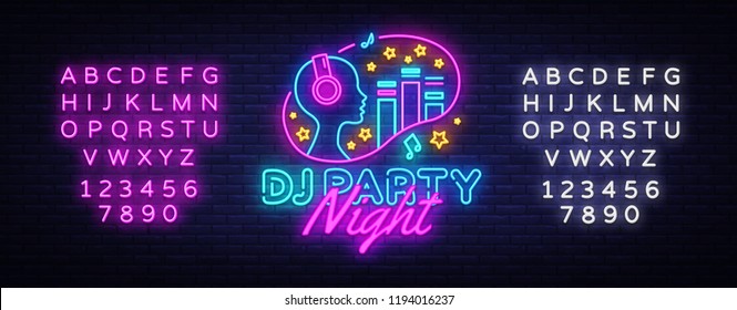 Vector de señal Neon de DJ Party. Diseño de la fiesta de la noche, signo de neón, banner de la luz de la publicidad de sonido Dj, rótulo de neón, publicidad brillante nocturna, inscripción de luz. Vector. Editar signo de neón de texto