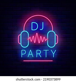 Dj party neon signboard. Headphones with sound waves. Shiny advertising. Karaoke and dance party show. Light greeting card. Label for event. Outer glowing effect banner. Vector stock illustration