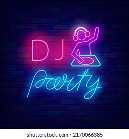 Dj party neon signboard. Music equipment and dj man. Night club event promotion. Outer glowing effect. Editable stroke. Vector stock illustration