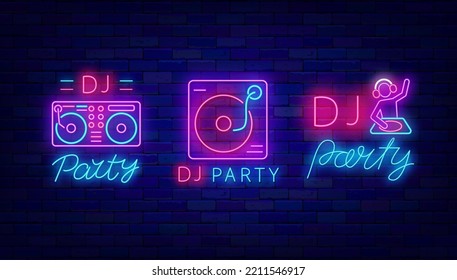 Dj party neon signboards collection. Shiny advertisings. Music dj console. Disk jockey icon. Simple light banners set. Night club event labels. Editable stroke. Vector stock illustration