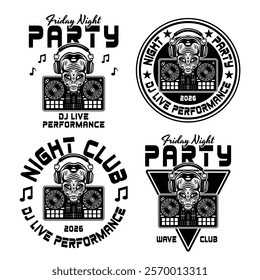 Dj party night club set of vector emblems with alien head in headphones and dj mixer controller illustration isolated on white background