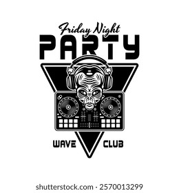 Dj party night club vector emblem with alien head in headphones and dj mixer controller illustration isolated on white background