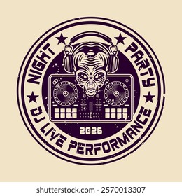 Dj party night club vector emblem with alien head in headphones and dj mixer controller illustration