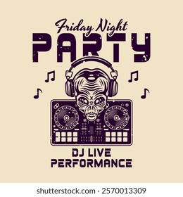 Dj party night club vector emblem with alien head in headphones and dj mixer controller illustration