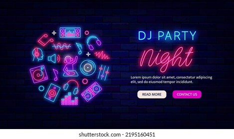 DJ-Party Nachtneonflieger. Website-Landing-Page-Vorlage. Grußkarte. Circle Layout mit Musik-Icons. Leichte Werbung. Nachtklubaktion. Vektorgrafik