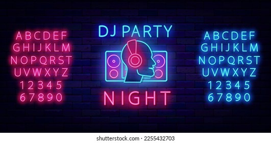 Dj party night neon label on brick wall. Luminous blue and pink alphabet. Dj and music player. Light banner. Glowing flyer. Dance show. Shiny greeting card. Vector stock illustration