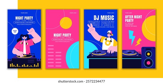 DJ Party Nightlife Club Social Media Stories Template in Flat Cartoon Style Illustration