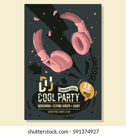 Dj Party Poster Flyer Design With Broken Headphones Illustration.  Vector Image.