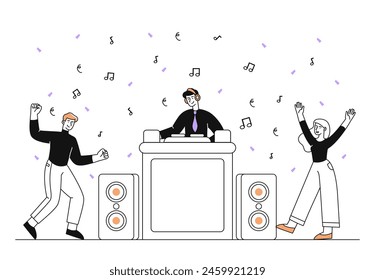 DJ en la fiesta simple. Hombre y chico joven y chica cerca de altavoces con música. Entretenimiento, diversión y ocio. Disc jockey actuando. Doodle Ilustración vectorial plana aislada sobre fondo blanco