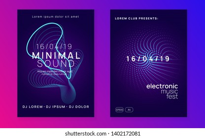 Dj party. Trendy show cover set. Dynamic fluid shape and line. Neon dj party flyer. Electro dance music. Techno trance. Electronic sound event. Club fest poster.