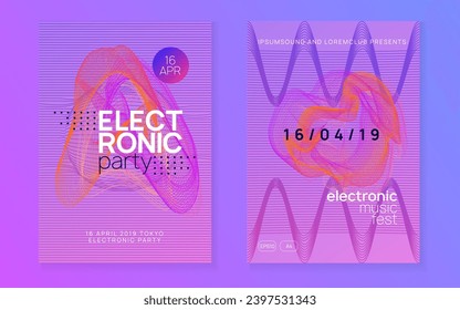Dj party. Trendy show magazine set. Dynamic gradient shape and line. Neon dj party flyer. Electro dance music. Techno trance. Electronic sound event. Club fest poster.