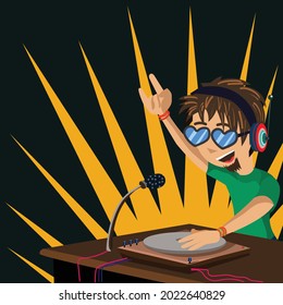 DJ at a party, wearing headphones, playing music at a turntable and cheering with arm raised in the air.