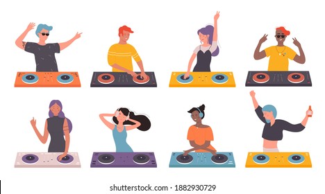 DJ People on musical party vector illustration set. Cartoon flat man woman DJ characters with headphones and turntable mixer making contemporary music in night club, spinning disc isolated on white