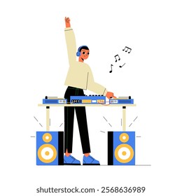 DJ Performing With Equipment In Flat Vector Illustration Symbolizing Music, Entertainment, And Nightlife, Isolated On White Background.