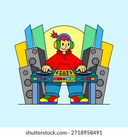 un DJ actuando en una estación de tocadiscos con Grandes altavoces. Pop-arte y sensación de la historieta. Día Nacional del DJ, 20 de enero. Adecuado para diseños de camisetas relacionadas con la música y la marca.